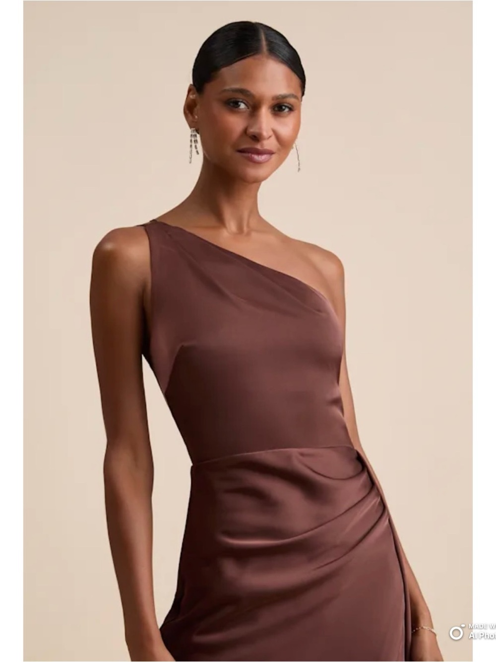 Lulus XS Signature Elegance Chocolate Brown Satin One Shoulder Maxi Dress NWT - Picture 4 of 17